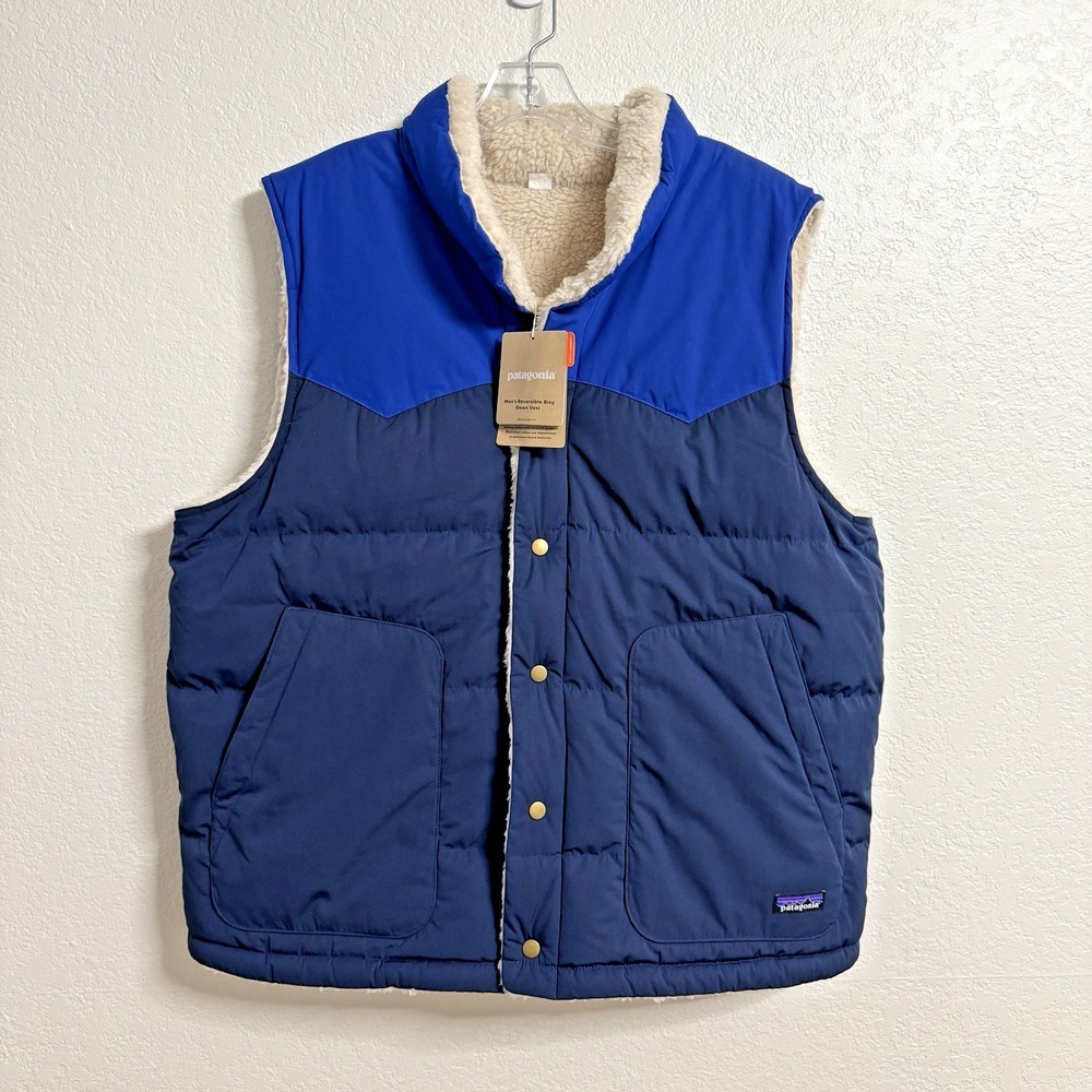 Patagonia Bivy Vest Mens XL Blue Reversible Down Jacket Deep Pile Sherpa‎ NWT